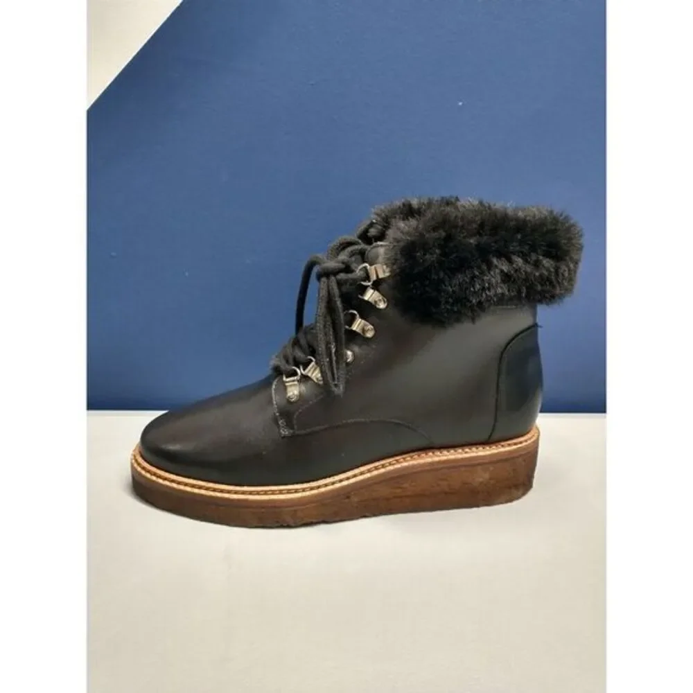 Botkier Winter Boots Womens Size 6 Black Leather Faux Fur Trim Round Toe Lace Up